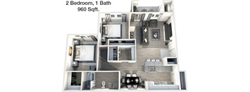 A 2 bedroom, 1 bathroom apartment is 960 square feet.