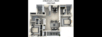 A 3D floor plan of a 2 bedroom, 2 bath apartment with a total area of 1083 square feet.