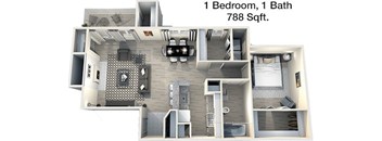A 3D floor plan of a 1 bedroom, 1 bath apartment sized 788 square feet.