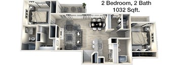 A 2 bedroom, 2 bath apartment is 1032 square feet.