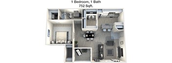 A 3D floor plan of a 1 bedroom, 1 bath apartment that is 752 square feet.