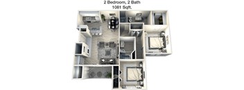 A 2 bedroom, 2 bathroom apartment is 1081 square feet.