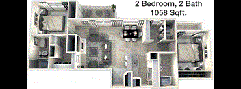 A floor plan of a 2 bedroom, 2 bath apartment that is 1058 square feet.