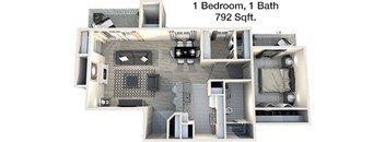 A 3D floor plan of a one bedroom, one bathroom apartment sized at 792 square feet.