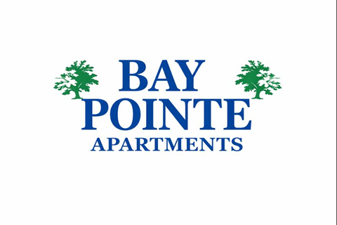 A logo for Bay Pointe Apartments with two trees.