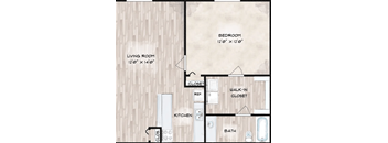A floor plan of a small apartment with a living room, kitchen, bathroom, and two closets.