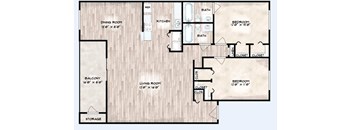 A floor plan of a house with a living room, dining room, kitchen, two bedrooms, a bathroom, a balcony, and storage.