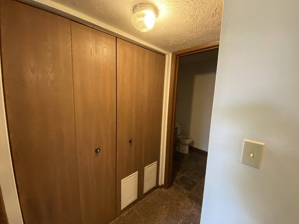 a bathroom with a closet and a toilet in it