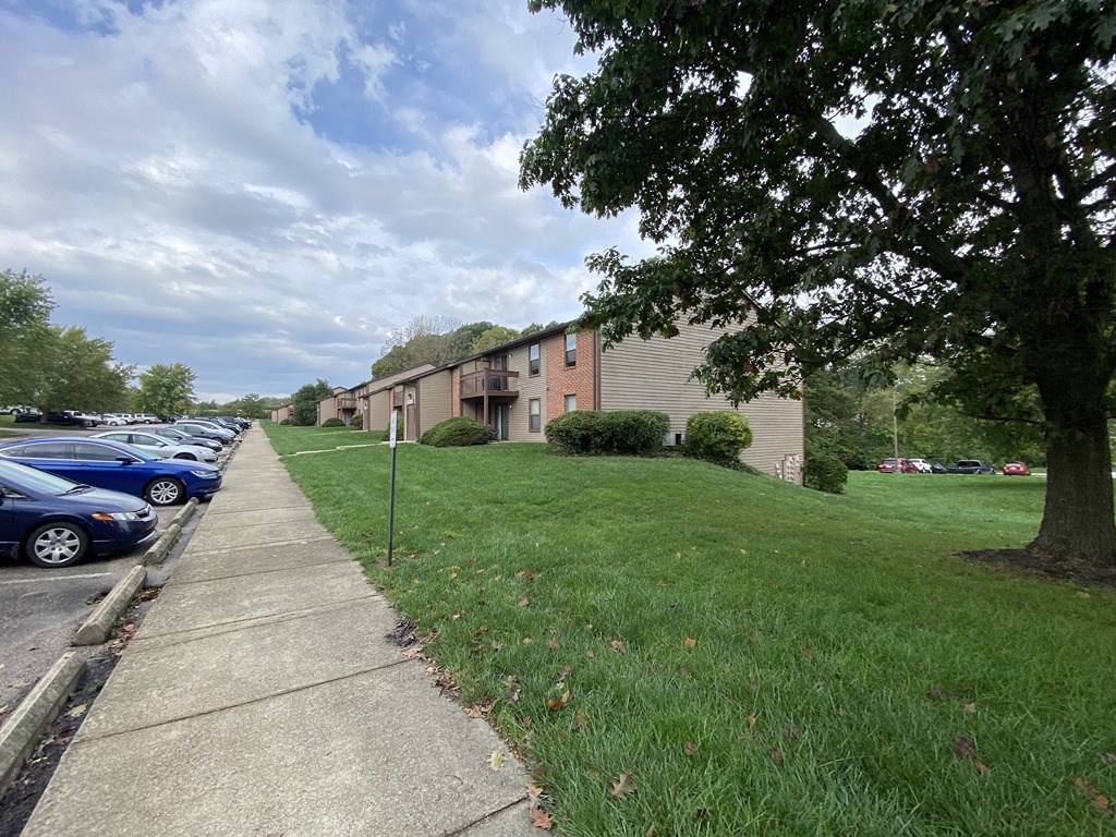 a row of cars parked in front of an apartment building