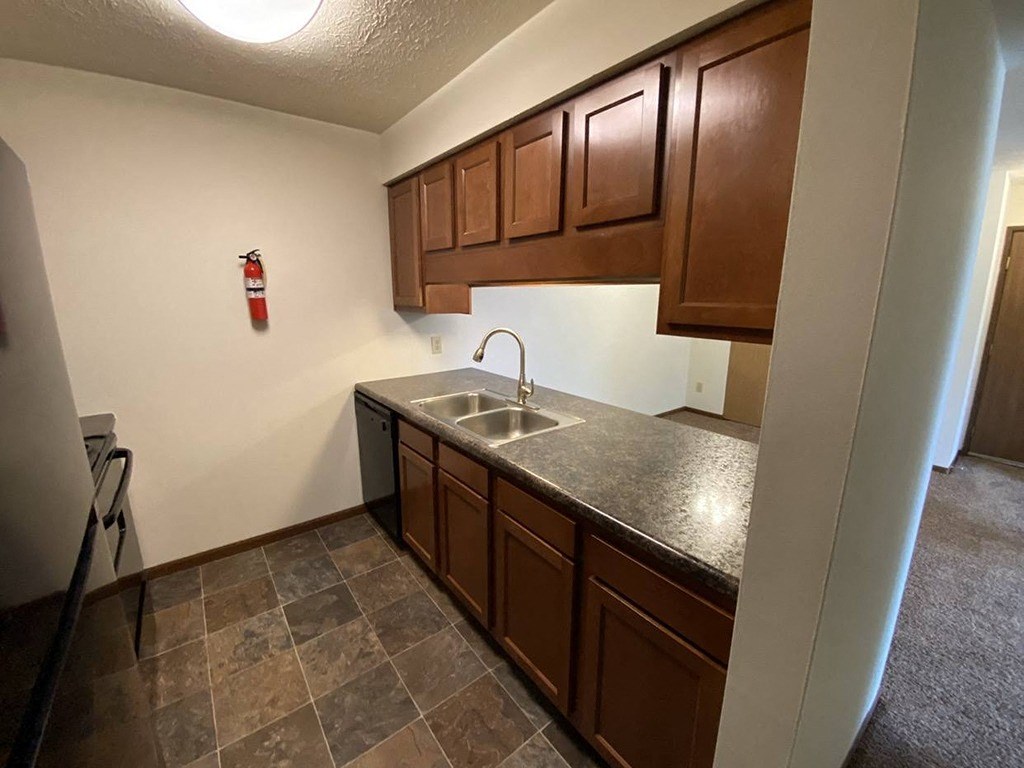 a kitchen with a sink and wooden cabinets