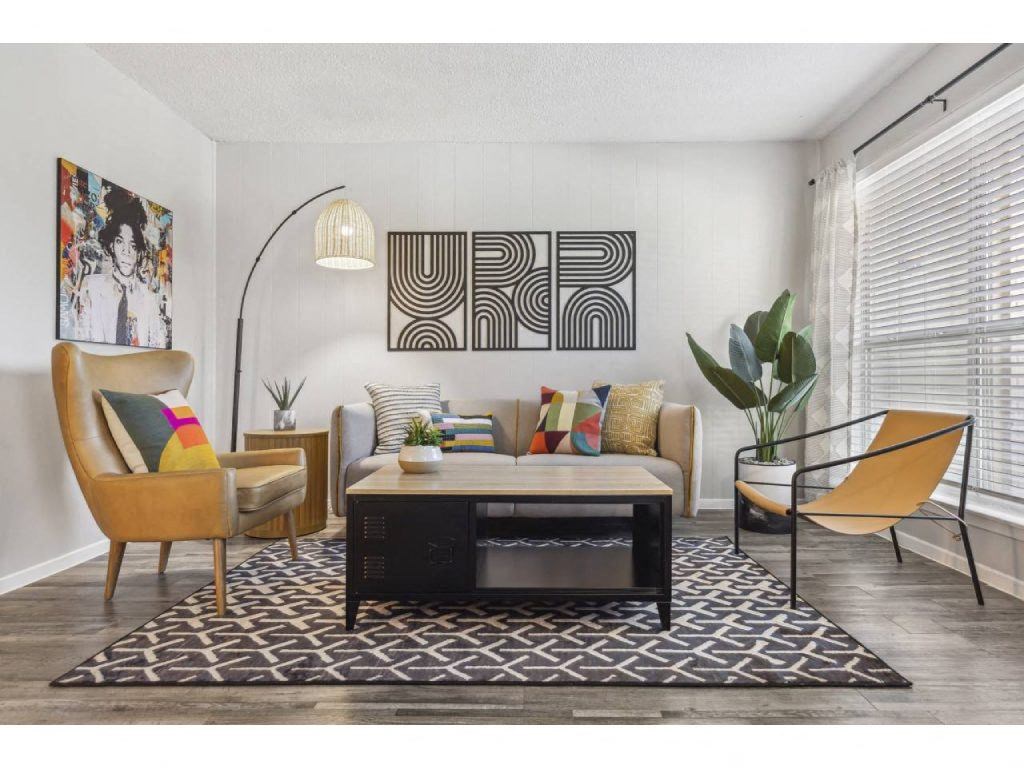 a living room with a couch and a coffee table