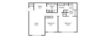 A floor plan of a house with a living room, two bedrooms, a dining room, a kitchen, a bathroom, a walk-in closet, and a pantry.