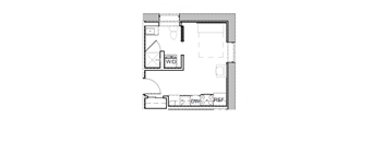 a floor plan of a small house with a bedroom and a bathroom