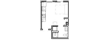 a floor plan of a room with a kitchen and a table with a microwave