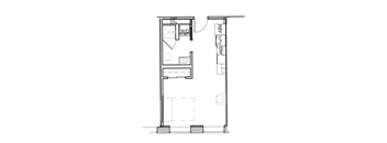 a floor plan of a small house with a bedroom and a bathroom