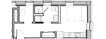 a floor plan of a house with a bedroom and a living room