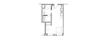 a floor plan of a small house with a bedroom and a bathroom