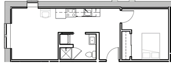 a floor plan of a small house with a bathroom and a kitchen