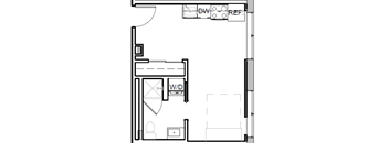 a floor plan of a small room with a desk and a chair