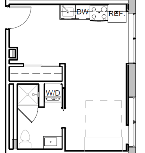 a floor plan of a small room with a desk and a chair