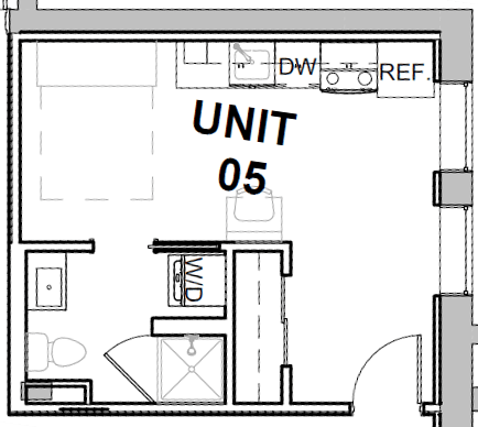 a floor plan of a small room with a bathroom and a desk