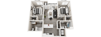 A floor plan of a small apartment with two bedrooms, a living room, and a kitchen.