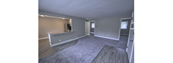 an empty living room with a kitchen and a grey carpet