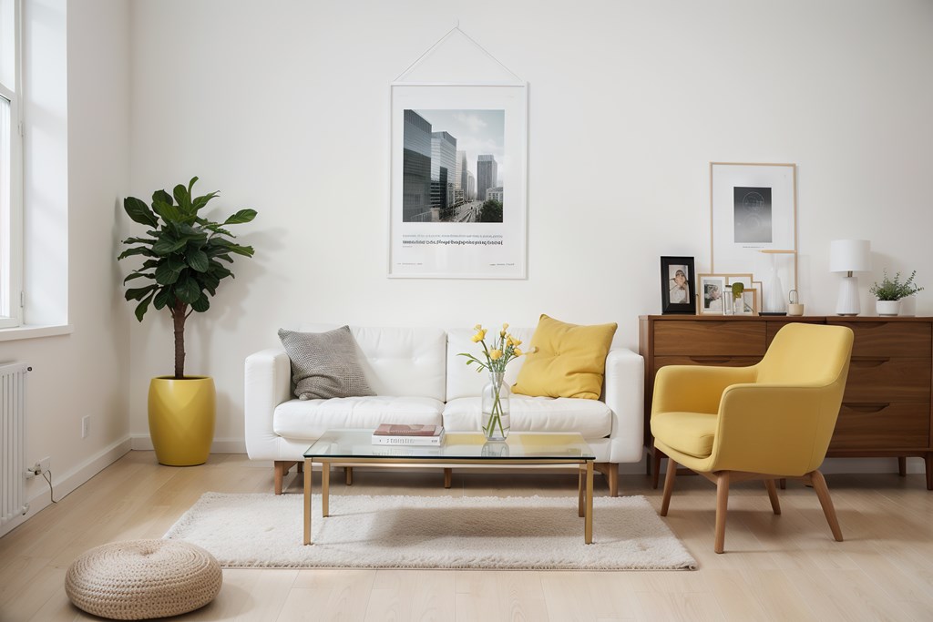 A living room with a white couch, yellow chair, and a yellow vase.