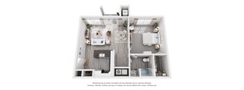 A 3D floor plan of a small apartment with a kitchen, living room, and bedroom.