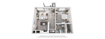 A 3D floor plan of a small apartment with a kitchen, living room, and bedroom.