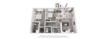 A 3D floor plan of a house with two bedrooms, a living room, a kitchen, and a bathroom.