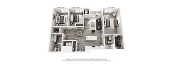 A floor plan of a two-bedroom apartment with a living room, kitchen, and bathroom.