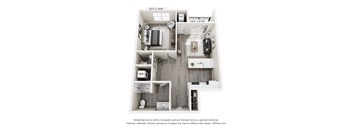 A 3D floor plan of a small apartment with a kitchen, living room, and bathroom.