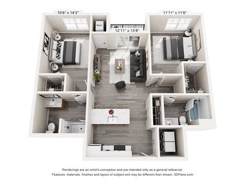 A 3D floor plan of a house with a kitchen, living room, and two bedrooms.