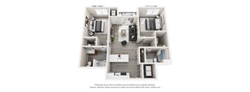 A 3D floor plan of a house with a kitchen, living room, and two bedrooms.