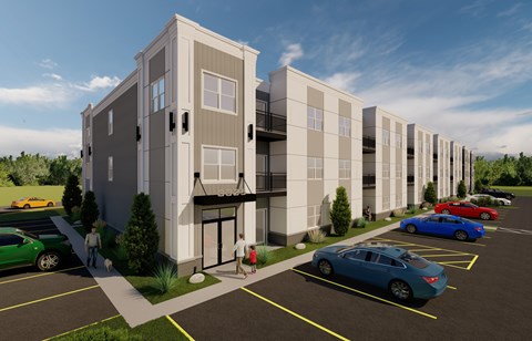 A rendering of a modern apartment complex with a parking lot in front.