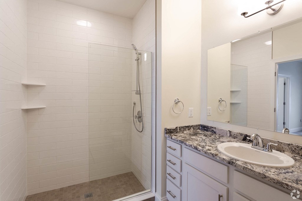 a bathroom with a shower and a sink and a mirror