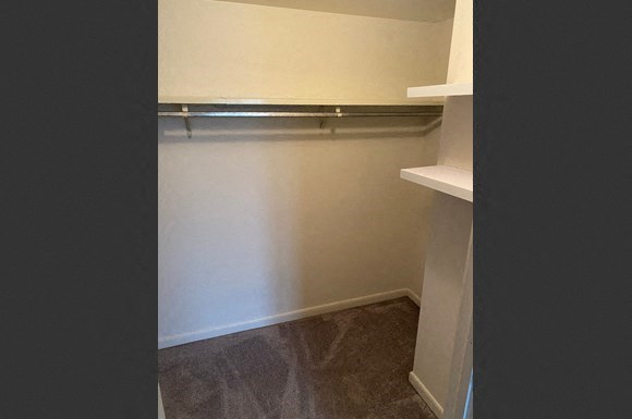 a walk in closet in an empty room with white walls