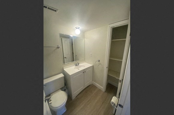 a bathroom with a sink toilet and a mirror