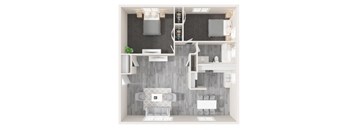 a 2 bedroom floor plan with a bathroom and a living room