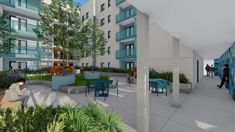A 3D rendered image of a modern outdoor courtyard with people sitting and walking.