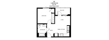 A 1-bedroom apartment in San Francisco is laid out in this diagram at Tellus on Carson Apartments in Torrance, CA, 90502
