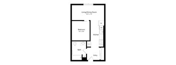 A floor plan of a small apartment with a living room, bedroom, kitchen, and bathroom.