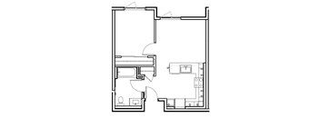 A floor plan of a house with a kitchen, living room, and bathroom.