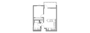 A floor plan of a house with a kitchen, living room, and two bedrooms.