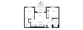 A black and white image of a floor plan for a 2-bedroom apartment at Tellus on Carson Apartments in Torrance, CA, 90502