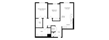 A floor plan of a home with a living room, two bedrooms, a bathroom, a dining area, and a kitchen.