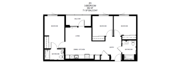 A floor plan of a 3-bedroom, 2-bathroom apartment with a living room, dining room, kitchen, and entry at Tellus on Carson Apartments in Torrance, CA, 90502