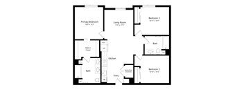 A black and white image of a floor plan for a house with three bedrooms and a living room.