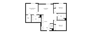 A black and white image of a house floor plan with a primary bedroom, living room, kitchen, and two bathrooms.